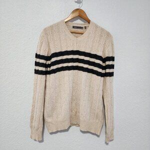 Women's Vince V-Neck Cable Knit Striped Chunky Sweater Large Preppy Academic